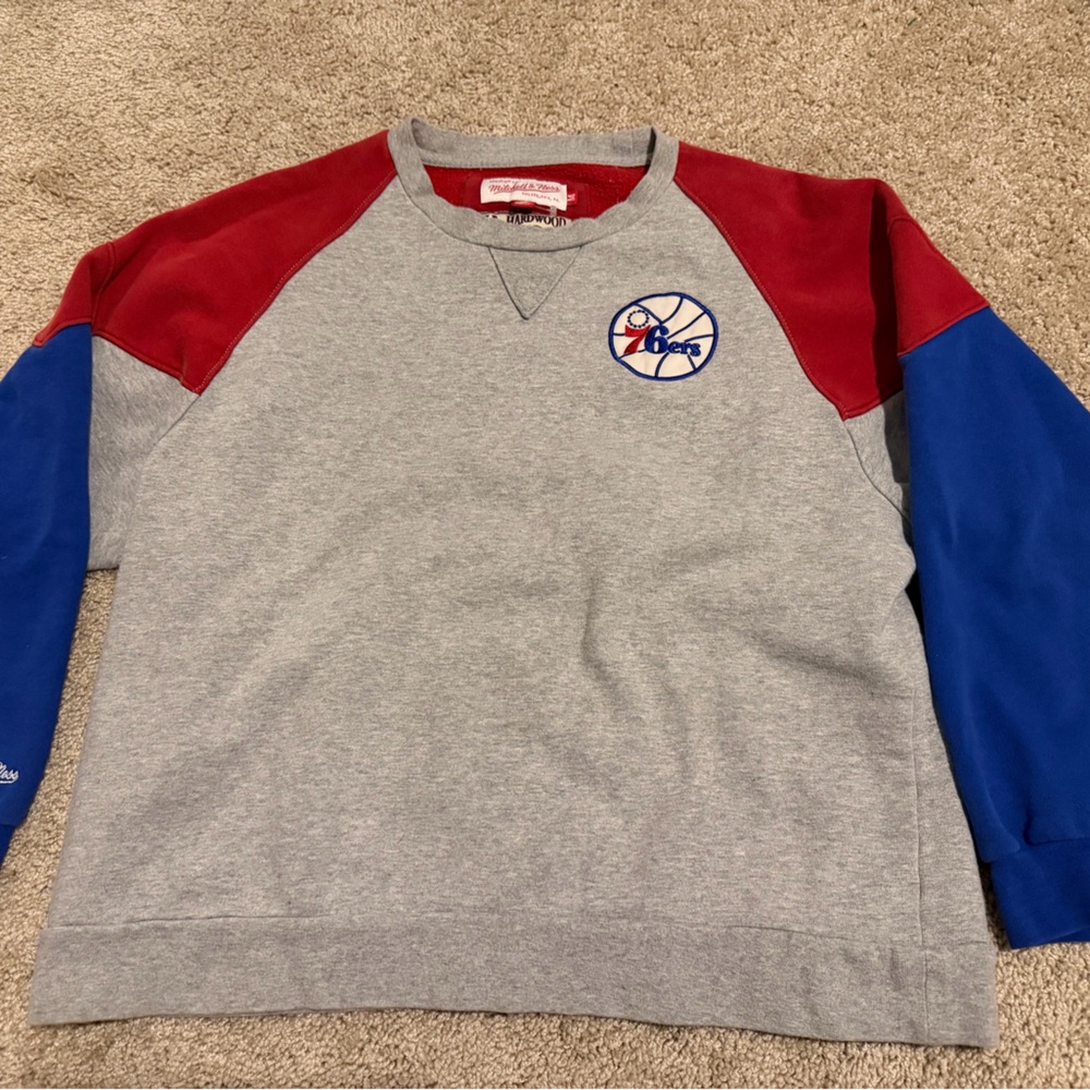 Mitchell & Ness Philadelphia 76ers Gray, Red, and Blue Sweatshirt Kids Medium